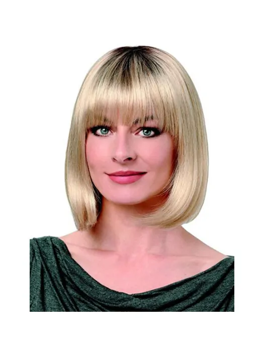 Synthetic 12 inch Straight Chin Length Platinum Blonde Ladies Bob Wigs