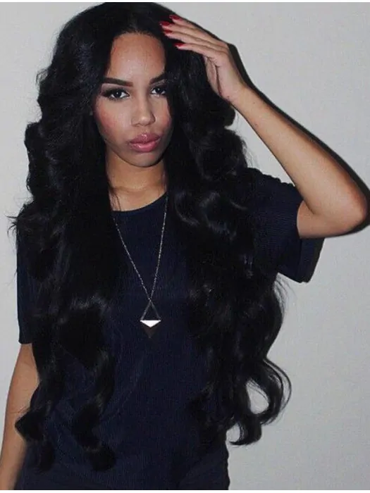 Remy Human Hair 26 inch Without Bangs Black Wavy 360 Lace Wigs