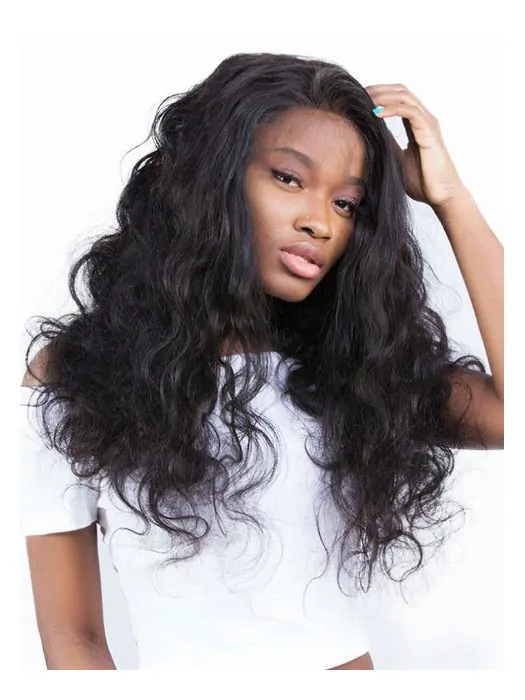 Remy Human Hair 20 inch Without Bangs Black Wavy 360 Lace Wigs
