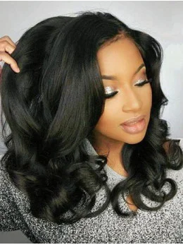 Black Wavy 18 inch Without Bangs Remy Human Hair 360 Lace Wigs