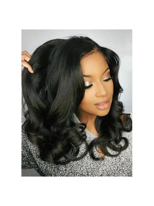 Black Wavy 18 inch Without Bangs Remy Human Hair 360 Lace Wigs