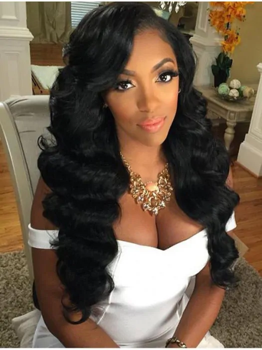 Black Wavy 22 inch Without Bangs Remy Human Hair 360 Lace Wigs