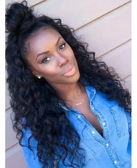 Black Curly 18 inch Without Bangs Remy Human Hair 360 Lace Wigs