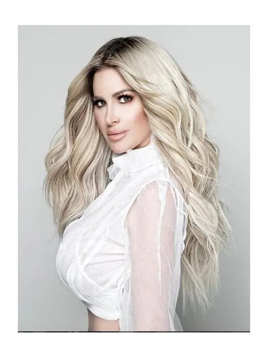Platinum Blonde 23 inch Layered Wavy Long Synthetic Lace Front Kim Zolciak Wigs
