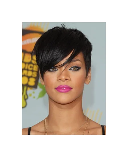 Convenient Black Straight Cropped Rihanna Wigs