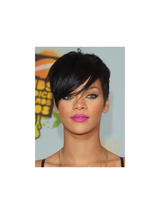Convenient Black Straight Cropped Rihanna Wigs