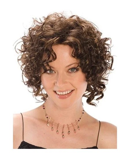 Designed Brown Curly Chin Length Synthetic Wigs