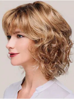 Monofilament Blonde Chin Length Curly 12 inch With Bangs Synthetic Wigs For Women
