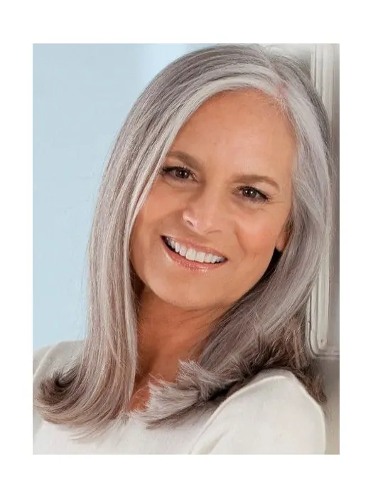 14 inch Shouder Length Straight Lady Wigs Hand Tied Grey