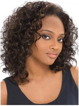 Trendy Brown Curly Shoulder Length Human Hair Wigs and Half Wigs