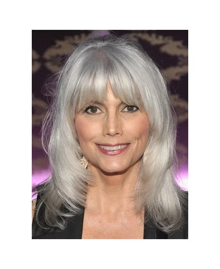 Silver Lady Shoulder Length Wavy With Bangs Synthetic Wigs
