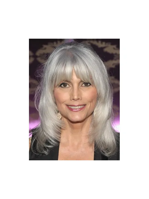 Silver Lady Shoulder Length Wavy With Bangs Synthetic Wigs
