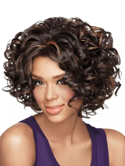 Good Brown Curly Chin Length African American Wigs