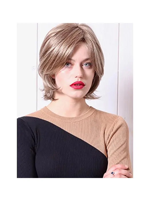100 per Hand-tied Platinum Blonde Chin Length Wavy 10 inch Bobs Ladies Synthetic Wigs