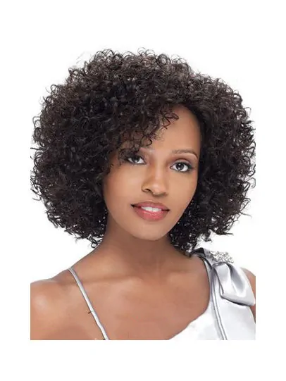 New Impressive Short Kinky Brown Side Bang African American Lace Wigs for Women 12  inch