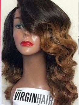 Suitable 22  inch long Wavy Style Lace Front 100 per Remy Hair Ombre Wigs