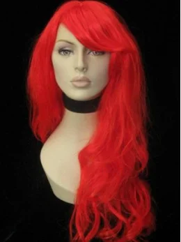 Bright Red Long Wavy Capless Human Wigs