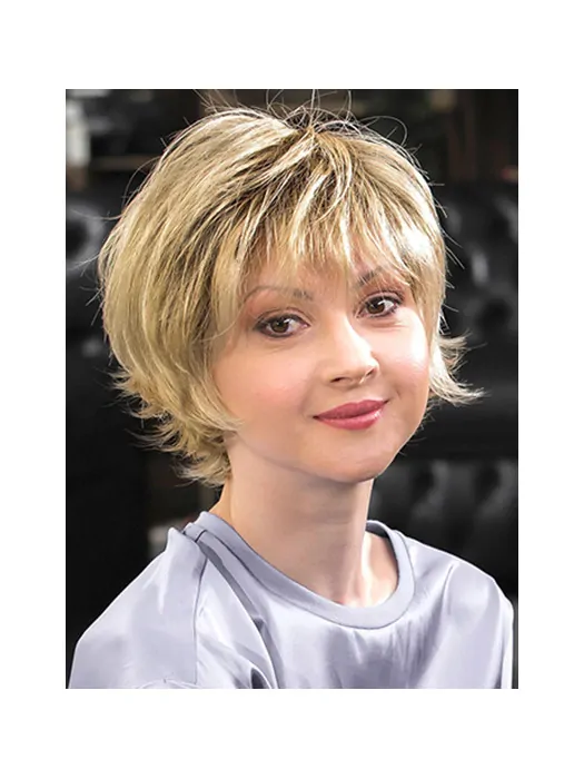 Chin Length Monofilament Wavy Blonde With Bangs Synthetic Women Medium Wigs