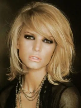 Jessica Simpson Novel and Alluring Mid-length Layered Wavy Lace Human Hair Wig about 12  inches with Bangs