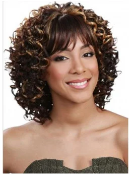 Glamorous Brown Curly Shoulder Length Human Hair Wigs and Half Wigs