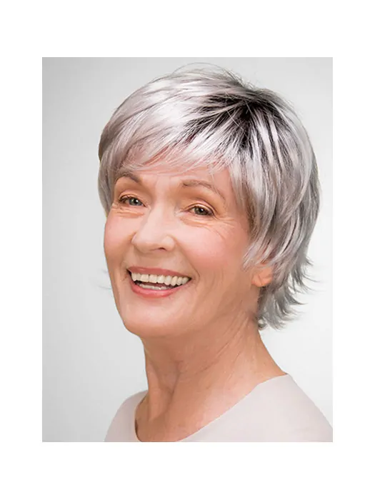 Short 8 inch 100 per Hand-tied Grey Synthetic Layered Elderly Women Wigs