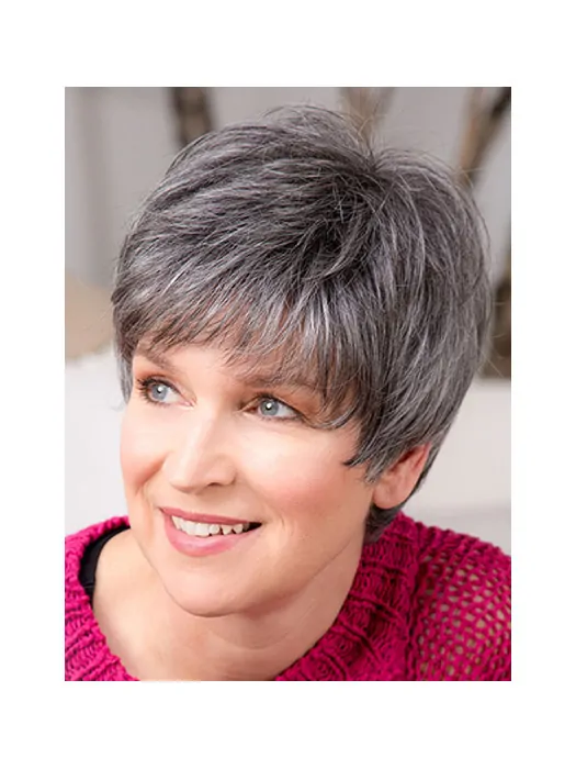 Short 8 inch Capless Grey Synthetic With Bangs Good Quality Elderly Women Wigs