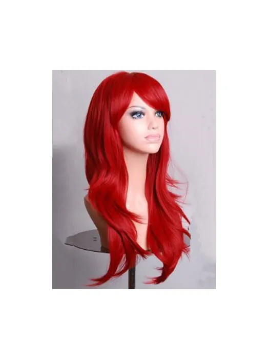Dark Red Long Wavy With Bangs Lace Front Synthetic Wigs