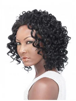 Impressive Black Curly Shoulder Length Human Hair Wigs and Half Wigs