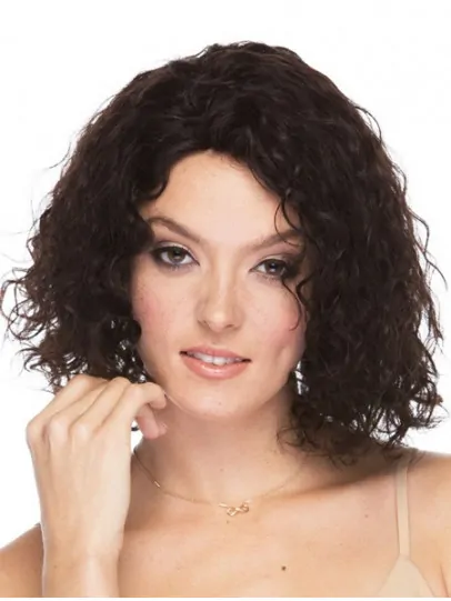 Faddish Brown Curly Shoulder Length Human Hair Wigs