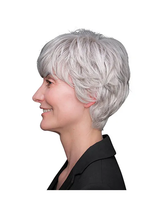 Short 8 inch 100 per Hand-tied Grey Remy Human Hair Layered Cheap Wigs For Elderly Lady