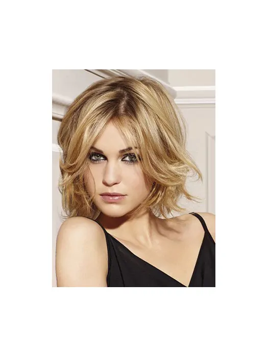No-fuss Blonde Wavy Chin Length Remy Human Lace Wigs For Cancer