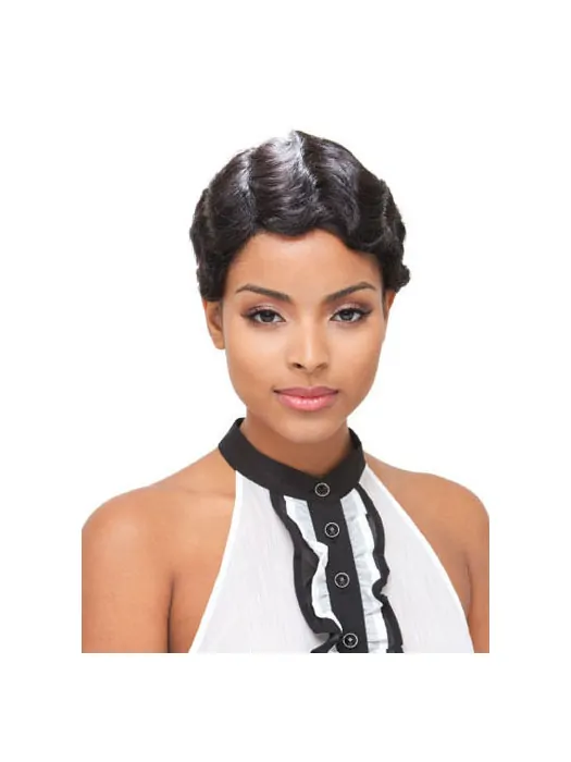 Black Wavy Brazilian Remy Hair Glamorous Short Wigs