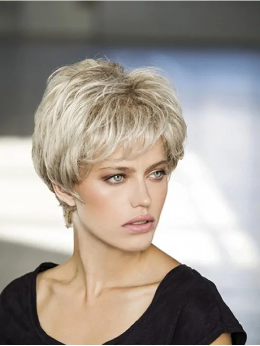 Layered Synthetic Platinum Blonde Wavy 8 inch Monofilament Wigs For Women