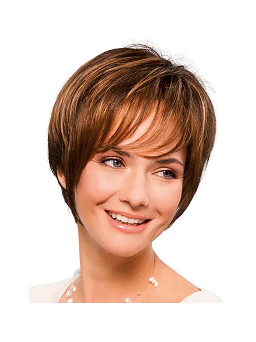 8 inch Straight Short Copper Synthetic With Bangs Hand Tied Wigs