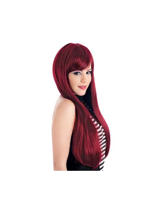 24  inches Straight With Bangs Smooth Red Lace Front Wigs