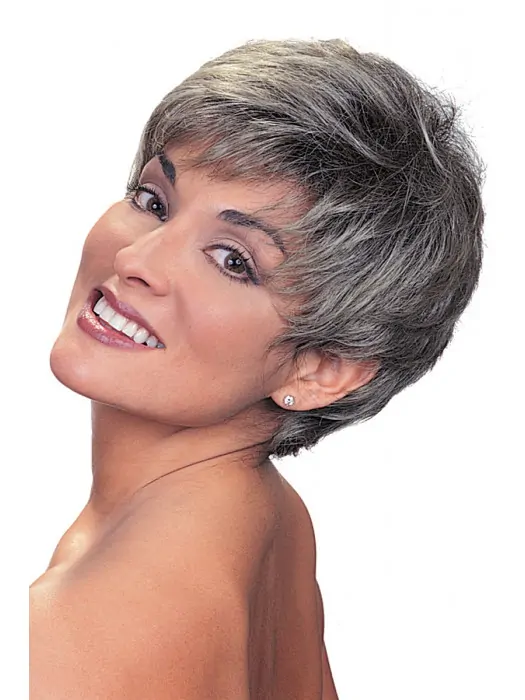 Designed Straight Cropped Synthetic Grey Wigs