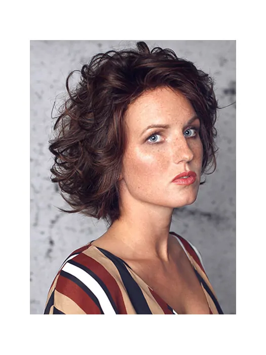 10 inch Curly Chin Length Brown Synthetic Layered 100 per Hand-Tied Wigs