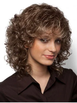 Comfortable Curly Brown With Bangs Affordable Wigs