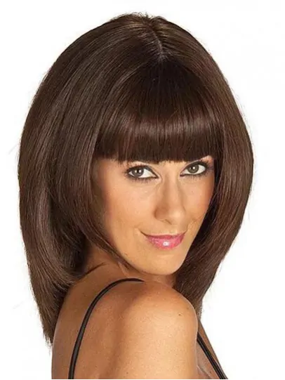 14 inch Shoulder Length Brown Straight Synthetic With Bangs Women Lace Front Wigs