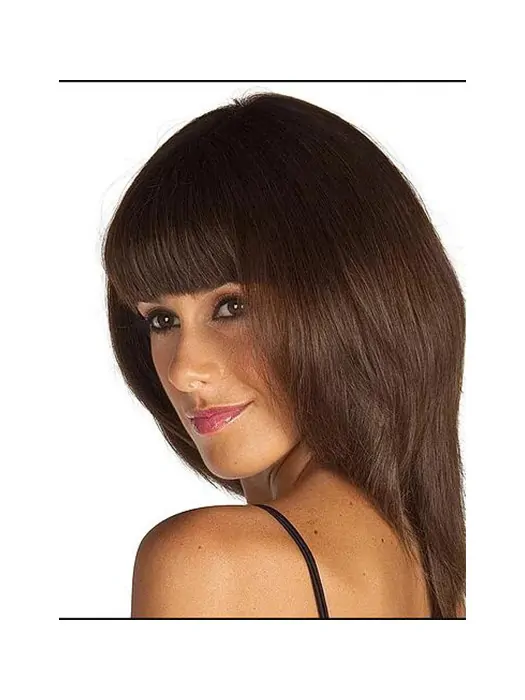 14 inch Shoulder Length Brown Straight Synthetic With Bangs Women Lace Front Wigs