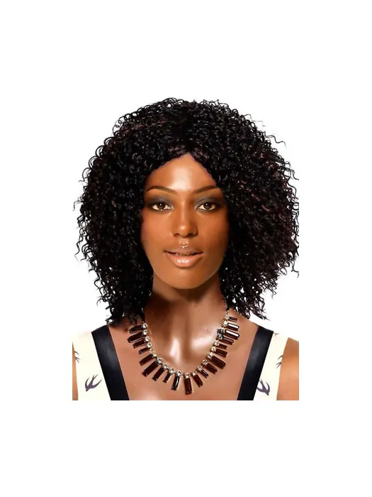 Black Women Mid-length Kinky Curly Lace Front Human Wigs 12  inches