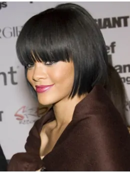 Rihanna Chin-length 100 per Human Remy Hair Straight Lace Bob Wig with Bangs