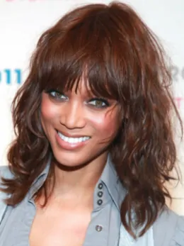 Tyra Banks Gorgeous Chic Mid-length Curly Lace Front Human Hair Wig 14  inches with Bangs