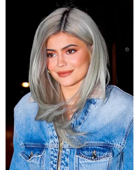 Long Platinum Blonde 16 inch Capless Top Straight Synthetic Kylie Jenner Wigs