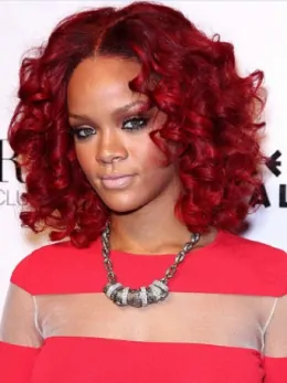 Rihanna Popular and Fresh Mid-length Layered Spiral Curl Full Lace Human Hair Bob Wig 12  inches