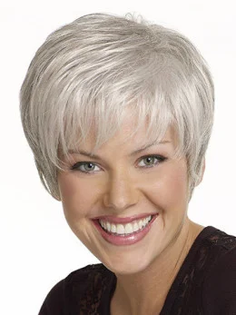 Gentle Straight Cropped Synthetic Grey Wigs
