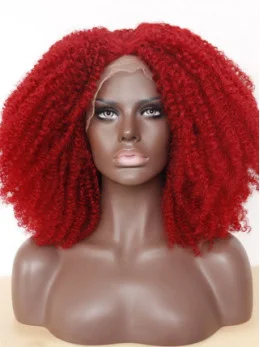 African American Kinky Curly Synthetic Lace Front Red Wigs 14  inches