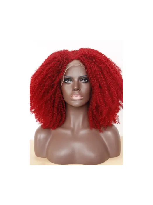 African American Kinky Curly Synthetic Lace Front Red Wigs 14  inches
