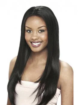 Pleasing Black Straight Long Human Hair Lace Front Wigs