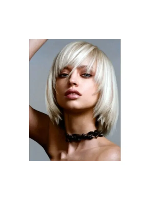 Young Fashion Platinum Blonde Medium Long Bob Straight Lace Front Wigs